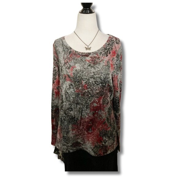 NORTHERN REFLECTIONS Red grey black floral sweater w/ lace trim MEDIUM LARGE XL - Picture 1 of 16